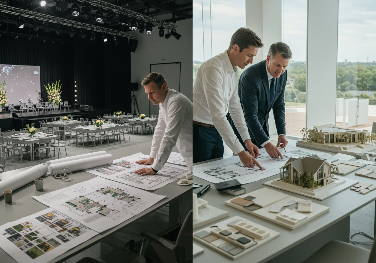 "Colaboración entre planificador de eventos y agente inmobiliario sobre planos arquitectónicos en un ambiente moderno y luminoso, reflejando eficiencia y planificación en la organización de eventos y diseño de interiores."