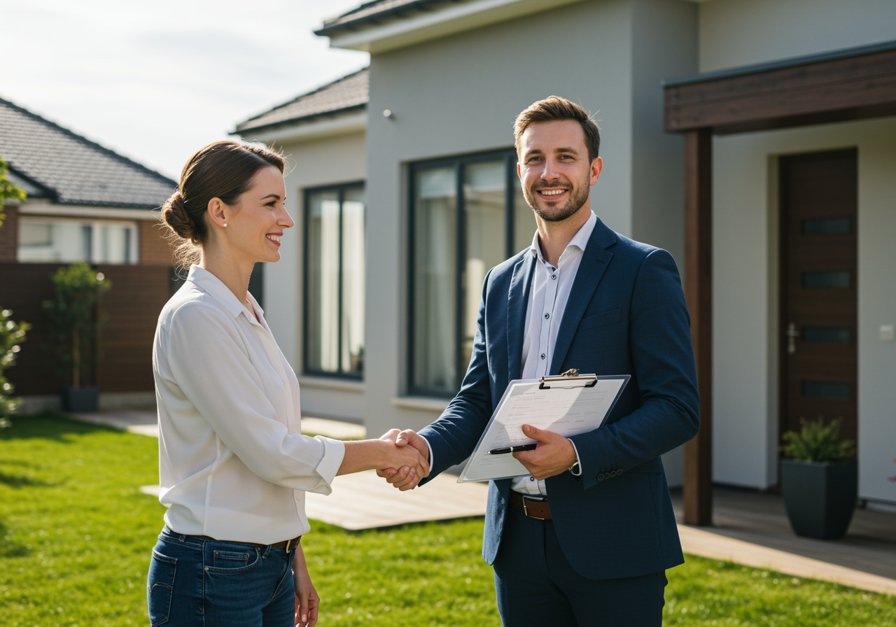 "Agente inmobiliario y cliente estrechando manos frente a una casa moderna, simbolizando confianza y profesionalismo en transacciones inmobiliarias."