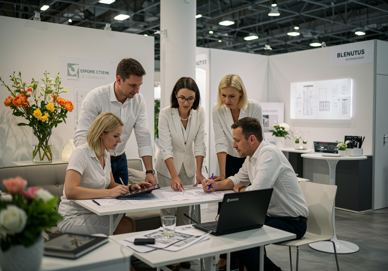 "Grupo de planificadores de eventos colaborando en un elegante entorno moderno, revisando diseños en tabletas y laptops, ideal para páginas de eventos corporativos y celebraciones sociales."