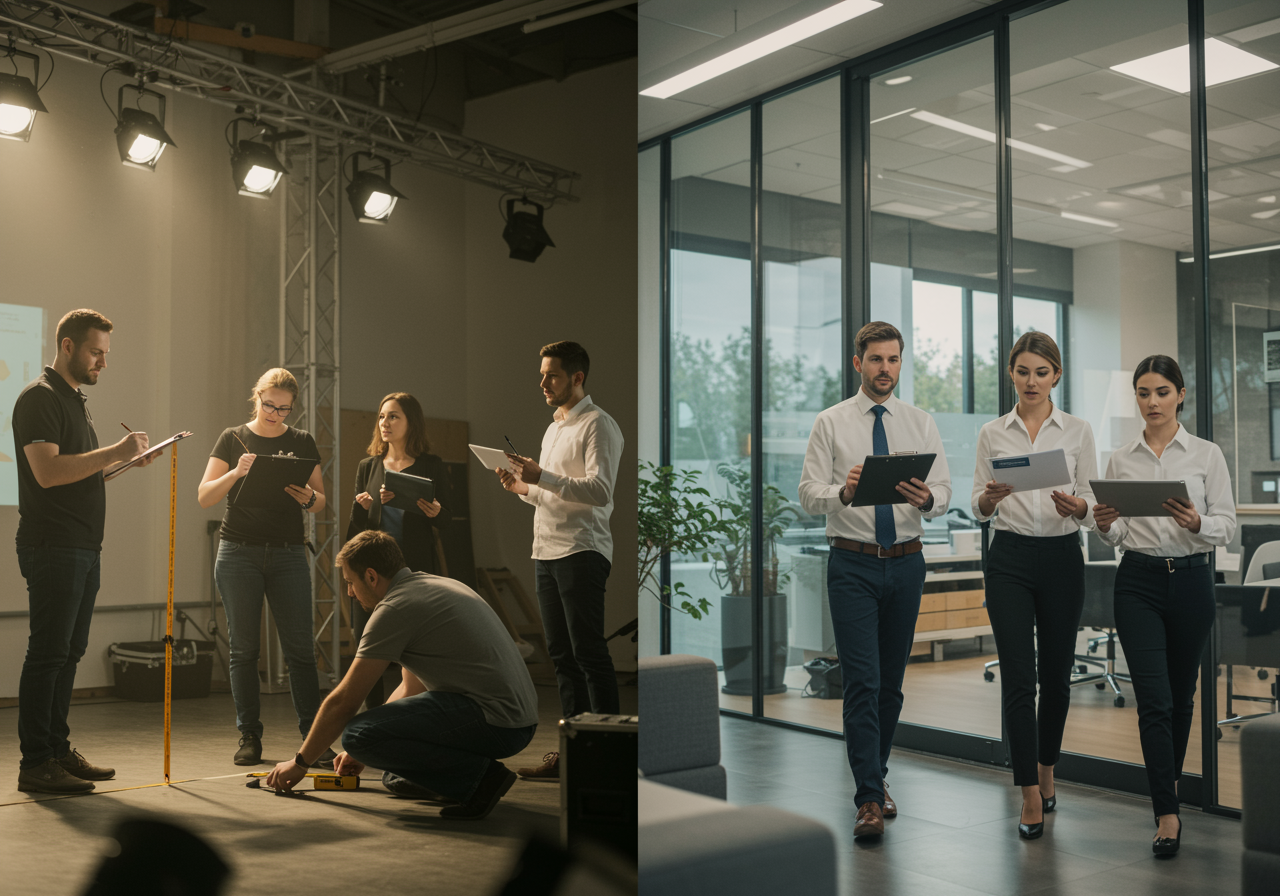 "Escena fotorealista de profesionales en equipos duales: un equipo de operaciones de eventos configurando un escenario de conferencia y un equipo inmobiliario guiando clientes en una moderna casa, destacando la precisión y la comunicación transparente."