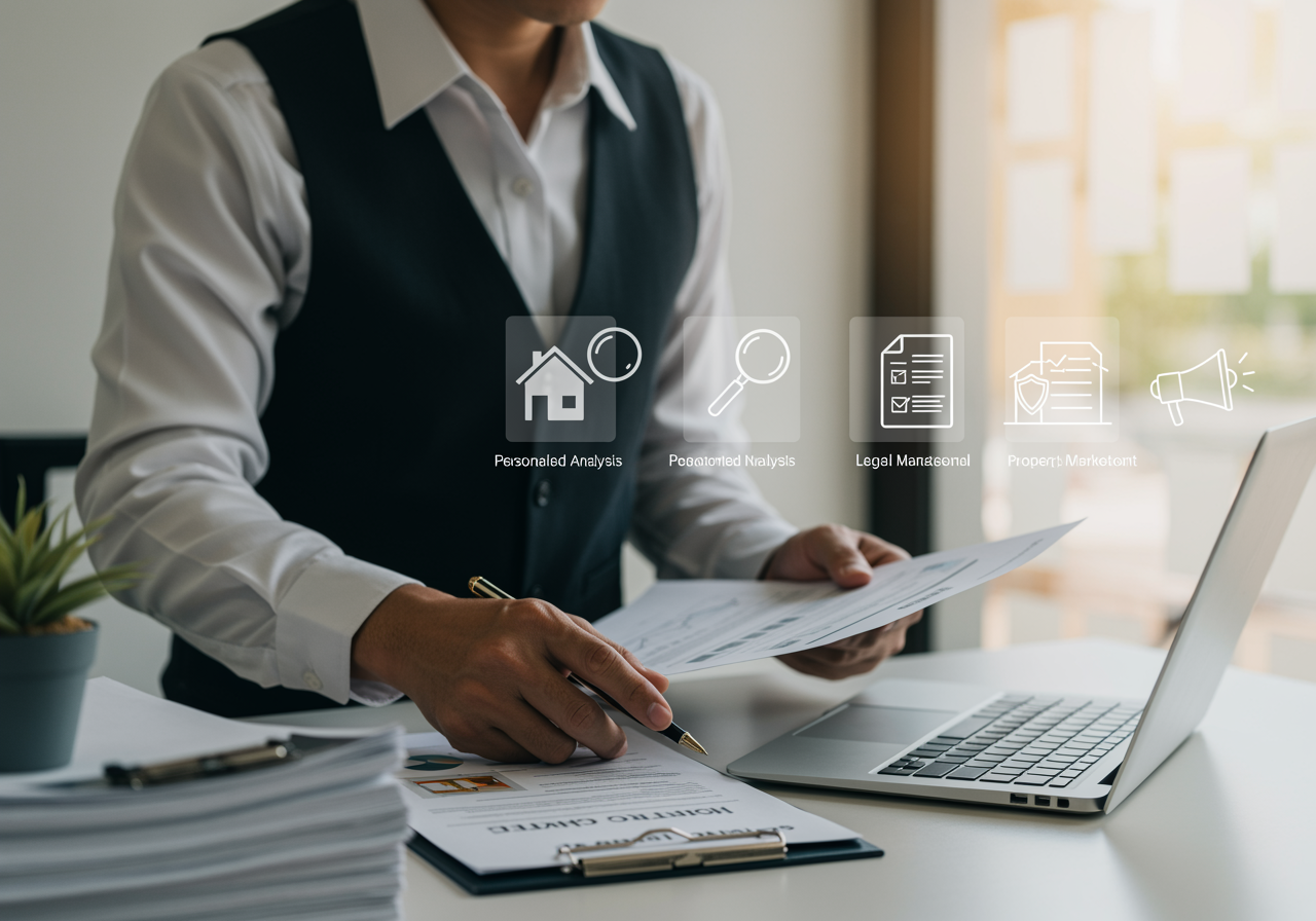"Ilustración moderna y limpia de un consultor inmobiliario revisando documentos, ideal para la sección 'Cómo lo hacemos' en una landing page de bienes raíces."