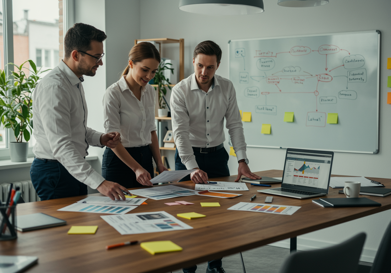"Equipo de profesionales de eventos revisando planificación en una oficina moderna, con mesa de trabajo, contratos y tecnología, reflejando organización y soporte personalizado."