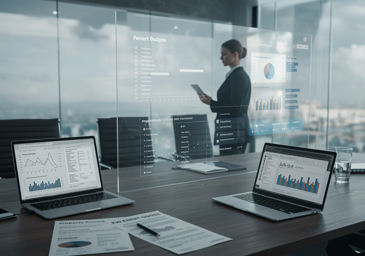 "Imagen fotorealista de una empresaria blanca en traje formal junto a un panel de vidrio inteligente que muestra presupuestos, gestión de proveedores y gráficos de negociación, destacando la precisión analítica y la transparencia en servicios profesionales."